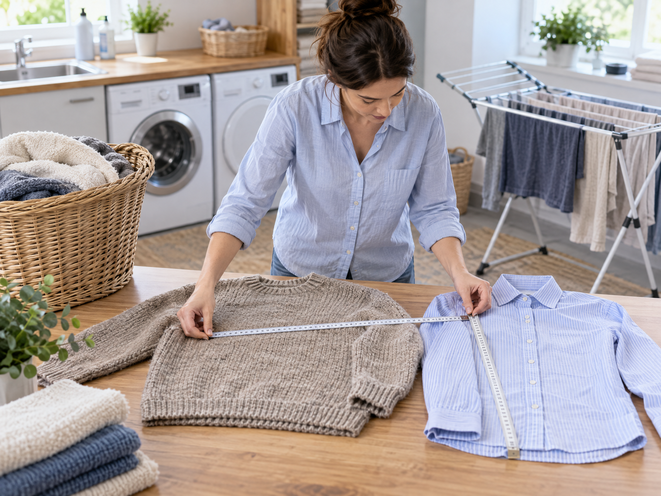 Wool sweater and cotton shirt being checked for fabric-care and shrinkage risk