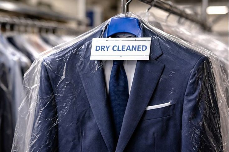 Tailored suit being brushed and inspected by a garment-care professional